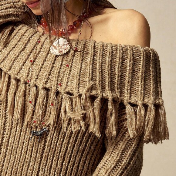 Khaki Casual Women's Off Shoulder Fringe Knit Sweater - Picture 3 of 9